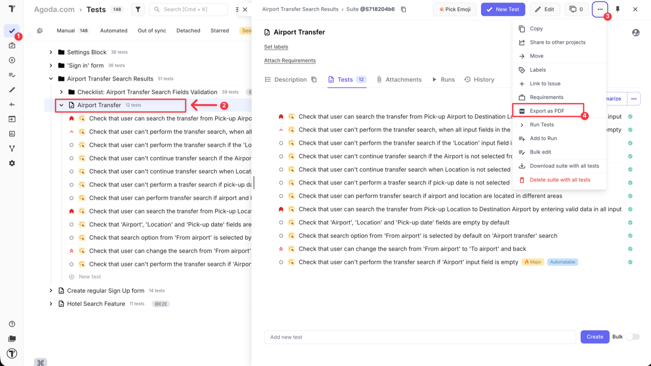 The Export as PDF option in the suite extra menu