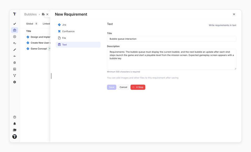 The New Requirement form with the Stop button active while recording